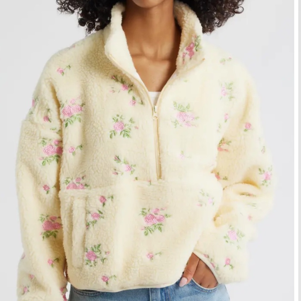 Happy camper Floral Teddy Jacket in Cream by [Brand]